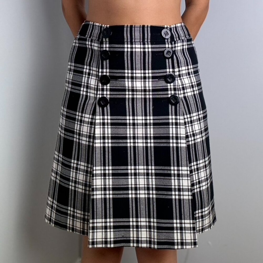 Nine West Black White Plaid Buttons Pleated Midi Skirt